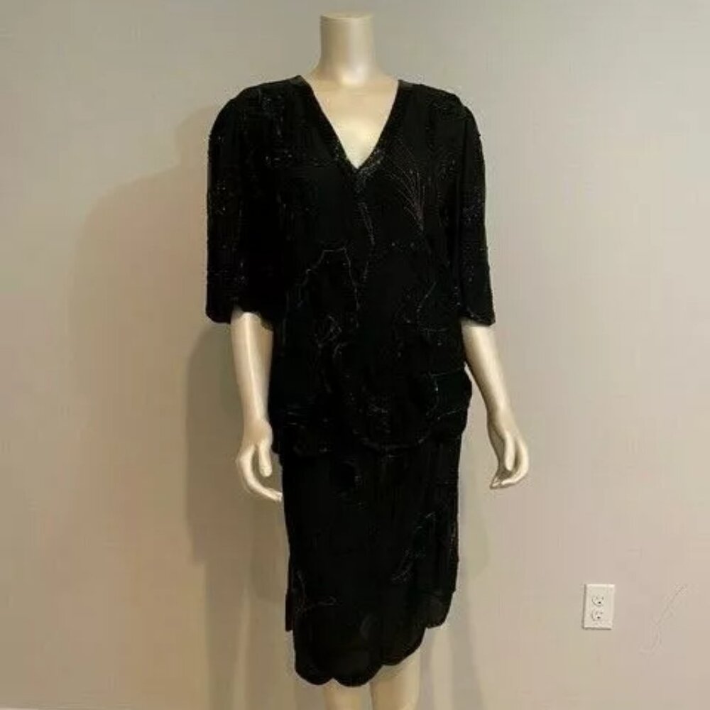 VTG Judith Ann Plus 100% Silk Black Beaded 2 Piece Skirt & Blouse